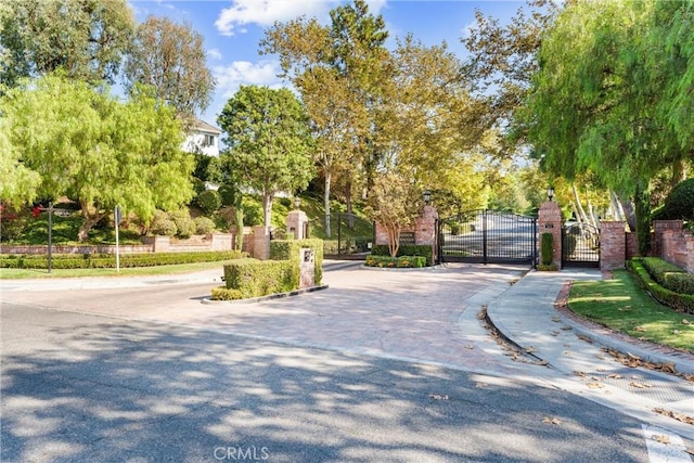 view of road featuring sidewalks, curbs, a gated entry, and a gate