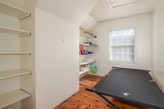 interior space featuring lofted ceiling and hardwood / wood-style floors