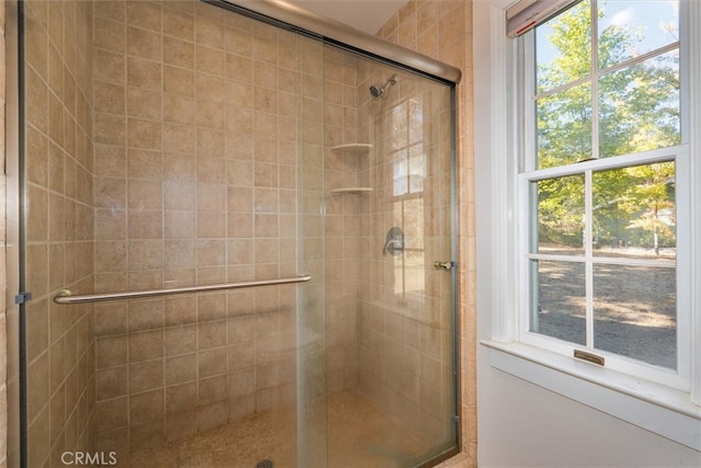 bathroom with a shower with door