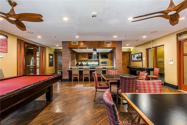 recreation room with billiards and dark hardwood / wood-style floors