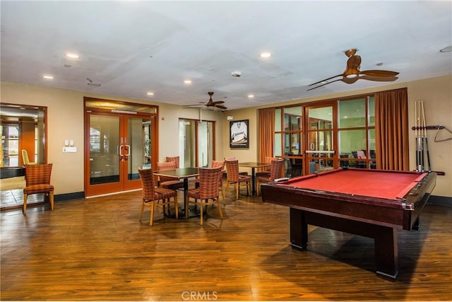 rec room featuring ceiling fan, billiards, french doors, and dark hardwood / wood-style flooring