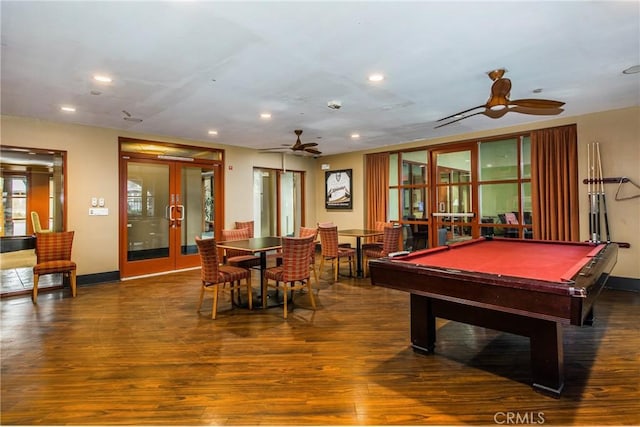 rec room with recessed lighting, french doors, and wood finished floors