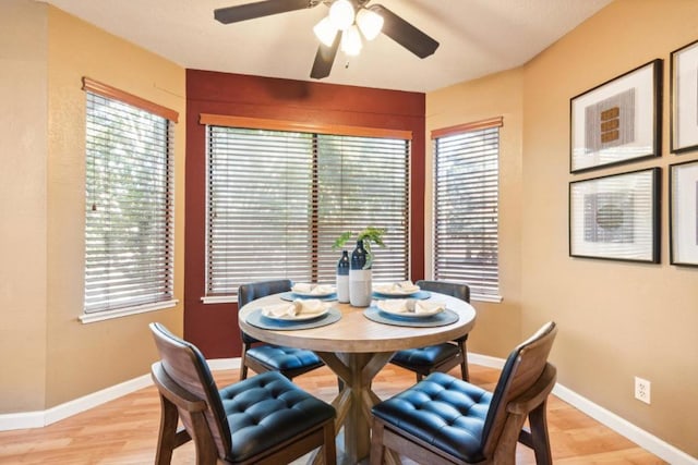 dining space with ceiling fan and light wood-type flooring