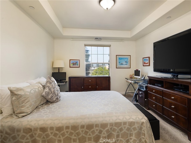 carpeted bedroom with a tray ceiling