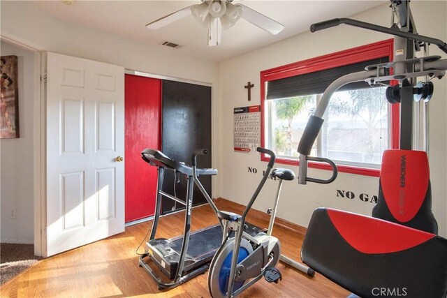 exercise area featuring hardwood / wood-style flooring and ceiling fan