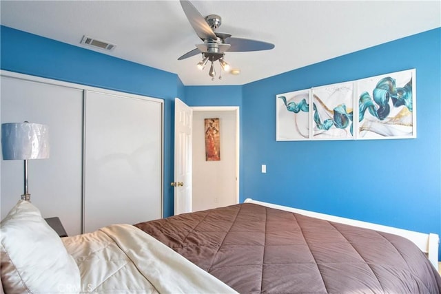 bedroom featuring ceiling fan and a closet