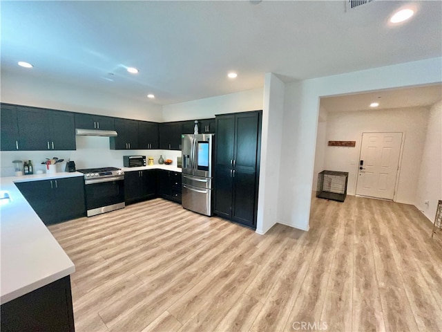 kitchen with light hardwood / wood-style floors and stainless steel appliances