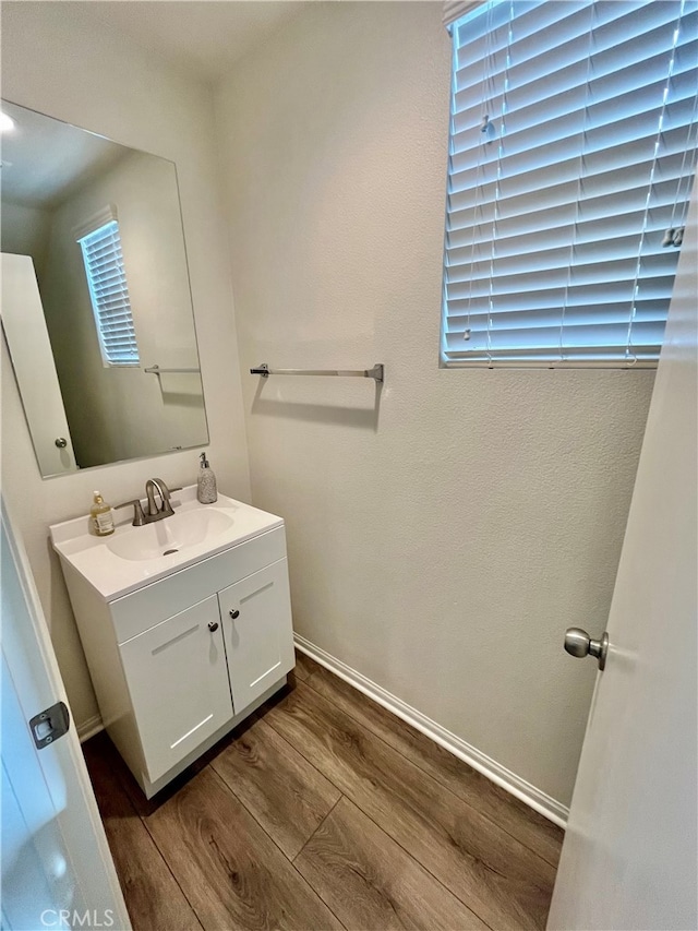 bathroom with vanity and wood-type flooring