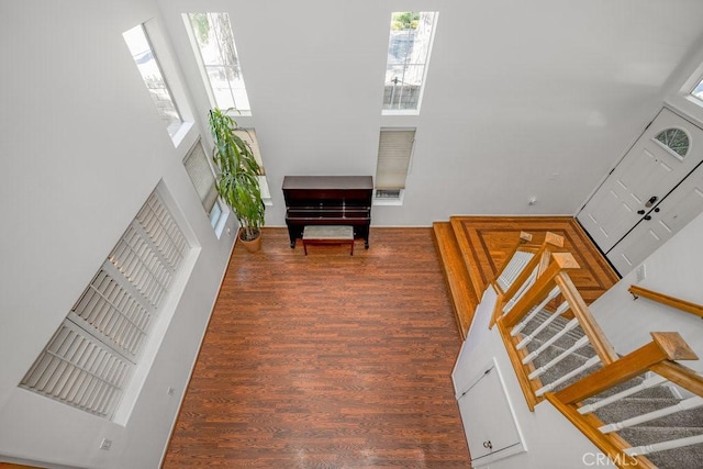 entrance foyer with dark wood-type flooring and a high ceiling