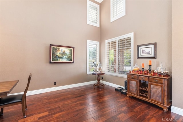 office with a high ceiling and dark hardwood / wood-style floors