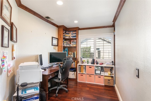 office featuring crown molding and dark hardwood / wood-style floors