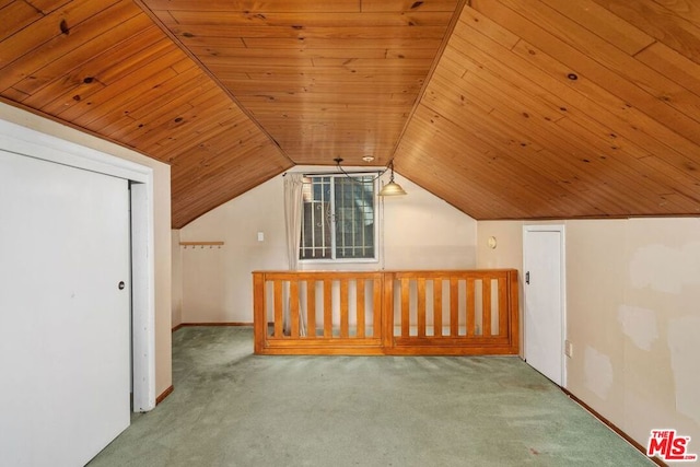 bonus room with carpet floors, wooden ceiling, and lofted ceiling