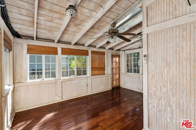 unfurnished sunroom featuring vaulted ceiling with beams, ceiling fan, and wooden ceiling