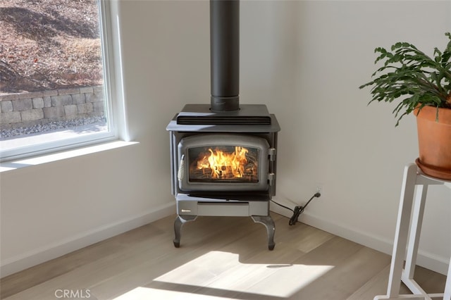 room details featuring wood-type flooring and a wood stove