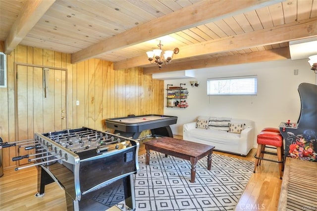 game room with wooden ceiling, wooden walls, light wood-type flooring, beamed ceiling, and a chandelier