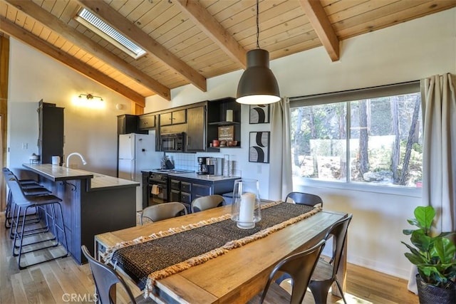 dining area featuring light hardwood / wood-style floors, lofted ceiling with skylight, sink, and wood ceiling