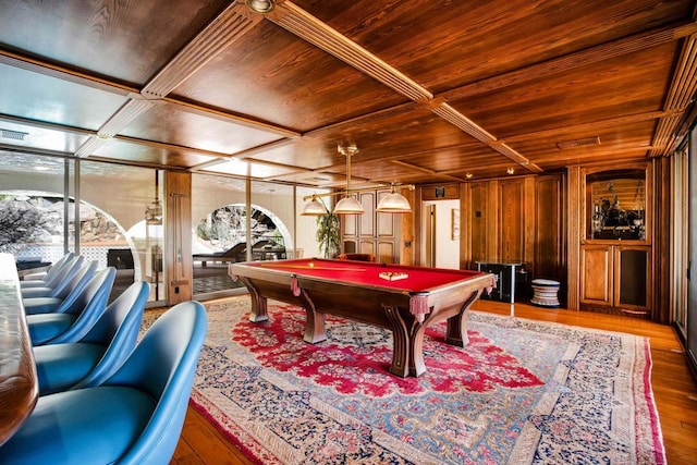 playroom with wood ceiling, wood walls, coffered ceiling, pool table, and hardwood / wood-style floors