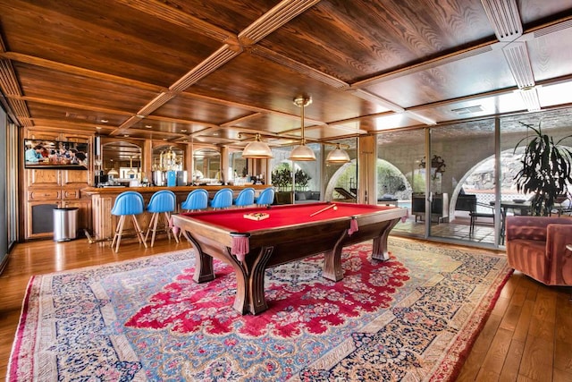 game room featuring billiards, wood ceiling, hardwood / wood-style floors, and coffered ceiling