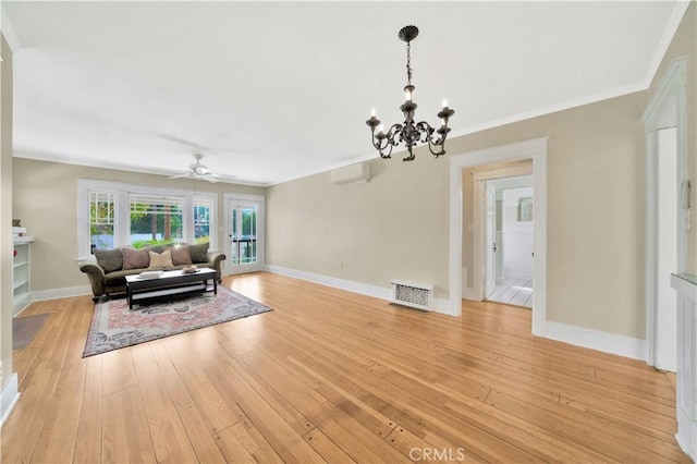 living room with ceiling fan with notable chandelier, light hardwood / wood-style floors, a wall unit AC, and ornamental molding