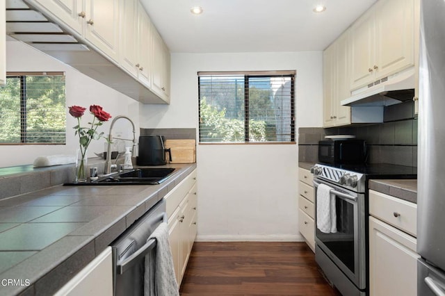 kitchen with custom exhaust hood, stainless steel appliances, tile counters, and a healthy amount of sunlight