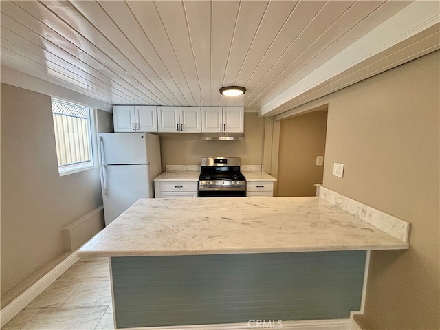 kitchen featuring wood ceiling, white cabinetry, white refrigerator, kitchen peninsula, and stainless steel gas range oven