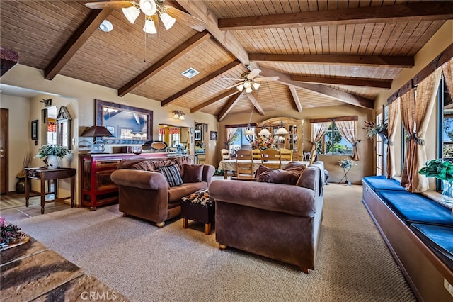 living room with light carpet, vaulted ceiling with beams, ceiling fan, and wooden ceiling