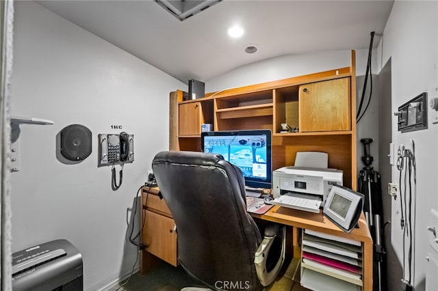 office area featuring lofted ceiling