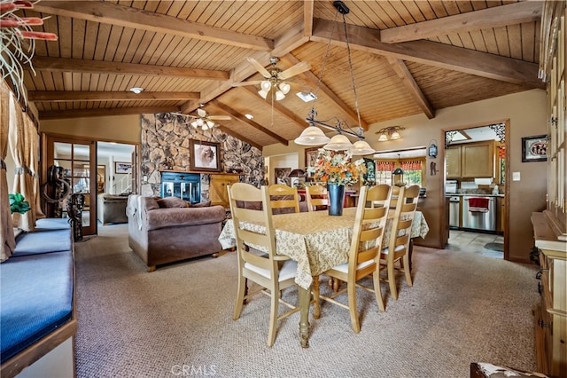 dining area featuring high vaulted ceiling, wooden ceiling, beam ceiling, ceiling fan, and carpet