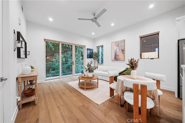 living room featuring ceiling fan and light wood-type flooring