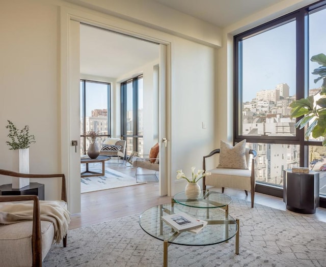 sitting room featuring light wood-type flooring and floor to ceiling windows