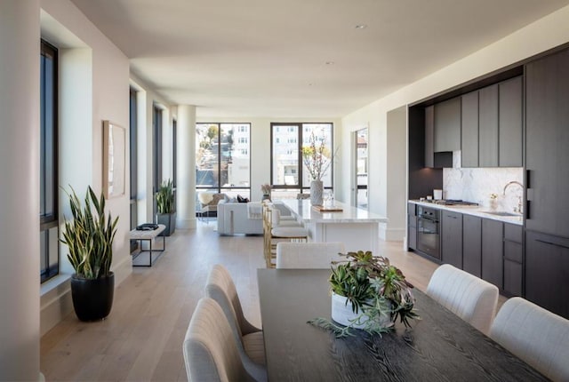 dining room featuring sink and light hardwood / wood-style floors