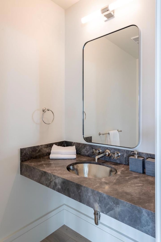 bathroom with hardwood / wood-style flooring and vanity