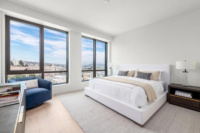 bedroom featuring multiple windows and light hardwood / wood-style flooring