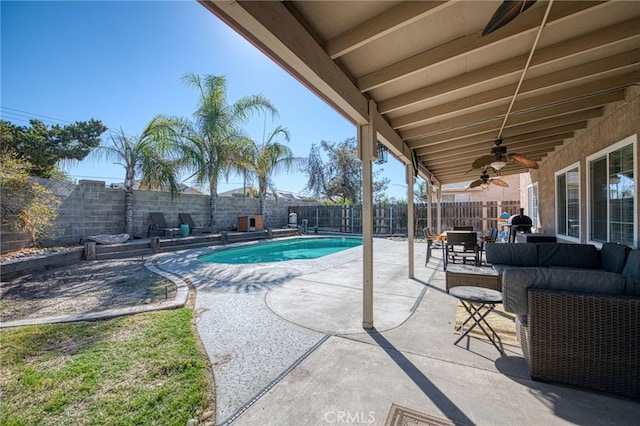 view of pool featuring ceiling fan, a patio, and an outdoor hangout area