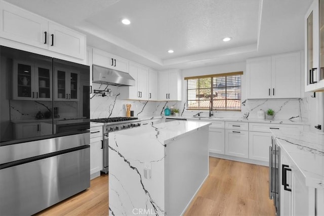 kitchen featuring white cabinets, a center island, a raised ceiling, and stainless steel appliances