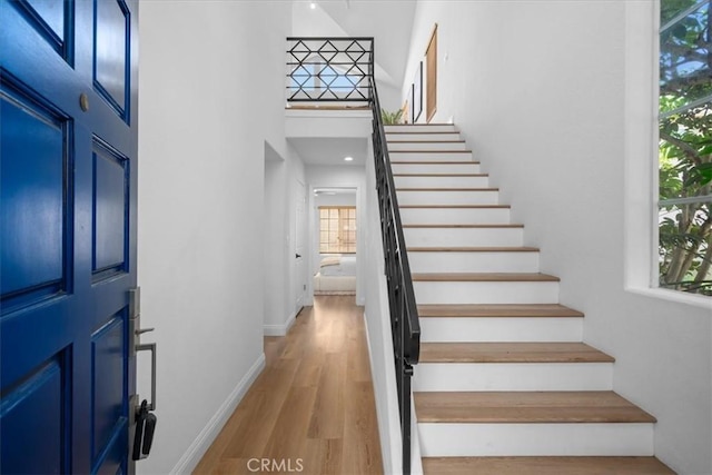 entrance foyer featuring a towering ceiling, light hardwood / wood-style flooring, and a healthy amount of sunlight