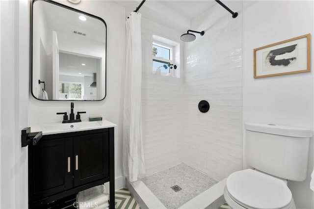 bathroom with vanity, toilet, and a shower with shower curtain