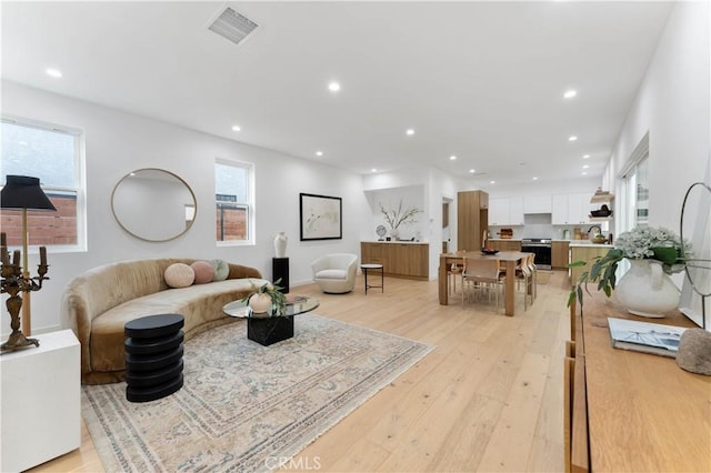 living room with a wealth of natural light and light hardwood / wood-style flooring