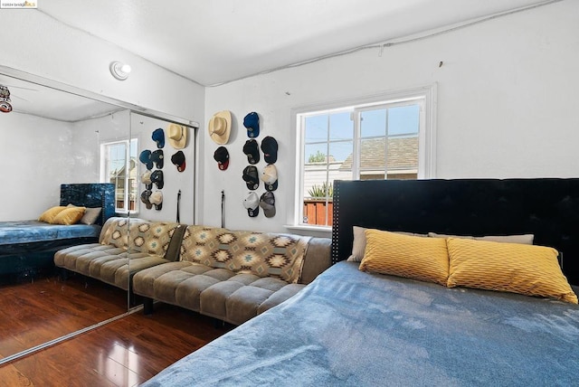 bedroom with multiple windows, a closet, and dark hardwood / wood-style floors