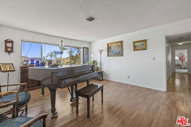 miscellaneous room with a textured ceiling and hardwood / wood-style floors