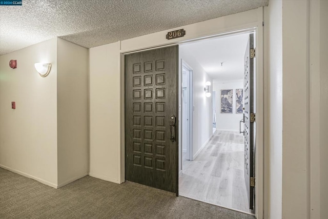 hallway featuring carpet and a textured ceiling