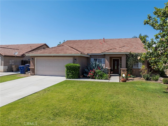 single story home featuring a garage and a front yard