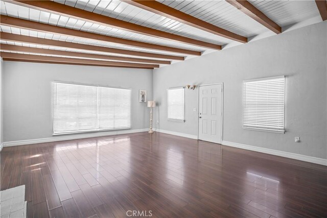 unfurnished living room with dark hardwood / wood-style flooring, lofted ceiling with beams, and wooden ceiling