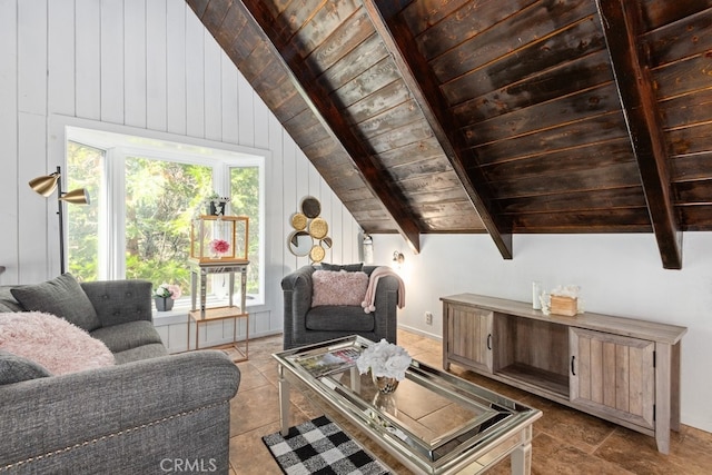 living room featuring vaulted ceiling with beams, wooden walls, plenty of natural light, and wooden ceiling