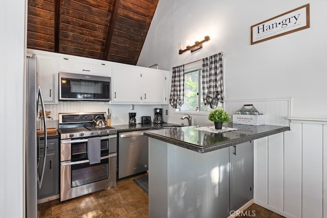 kitchen featuring wood ceiling, lofted ceiling, kitchen peninsula, white cabinetry, and stainless steel appliances