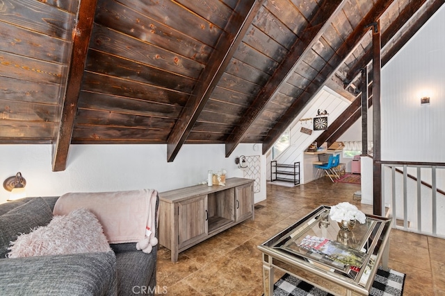 interior space featuring tile patterned flooring, wooden ceiling, and vaulted ceiling with beams