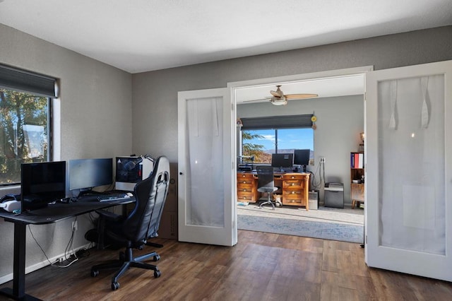 office area with hardwood / wood-style floors, ceiling fan, and french doors