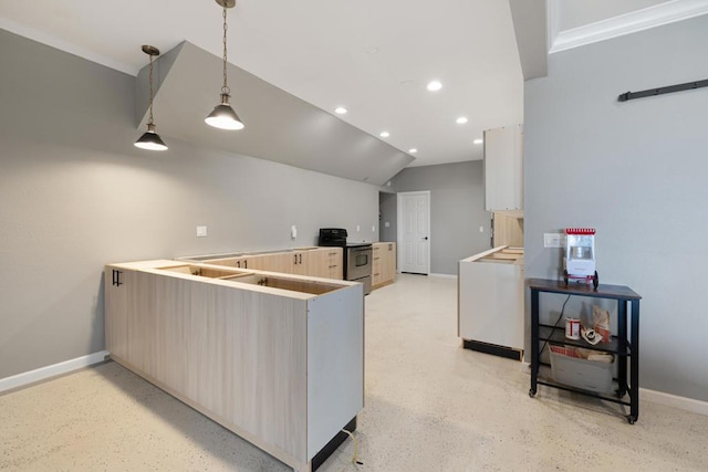 kitchen with hanging light fixtures, light brown cabinetry, vaulted ceiling, and stainless steel range with electric stovetop