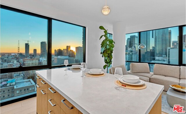 kitchen featuring pendant lighting, a kitchen island, and a wealth of natural light