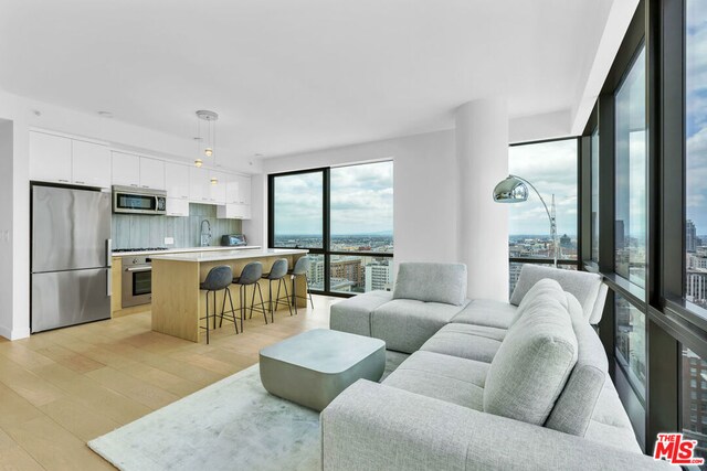 living room featuring a wall of windows, sink, a water view, and light wood-type flooring